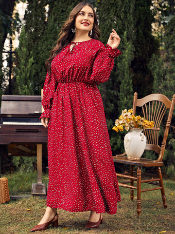 Woochic robe grande taille col en rond imprimé pois trapèze manches évasées rouge XL